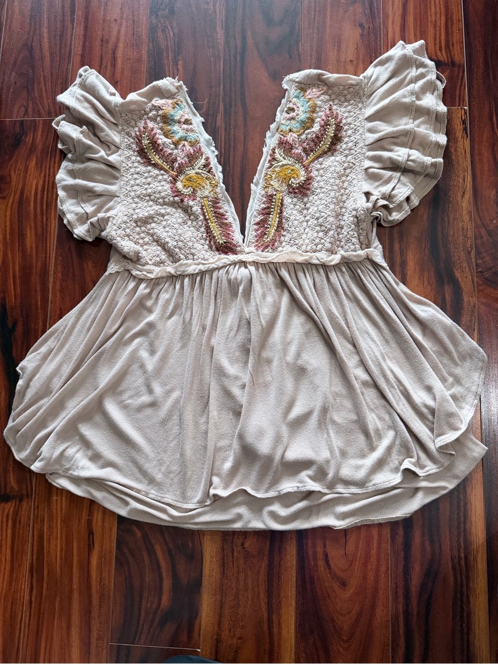 Free People Beige Embroidered Flutter Sleeve Tunic